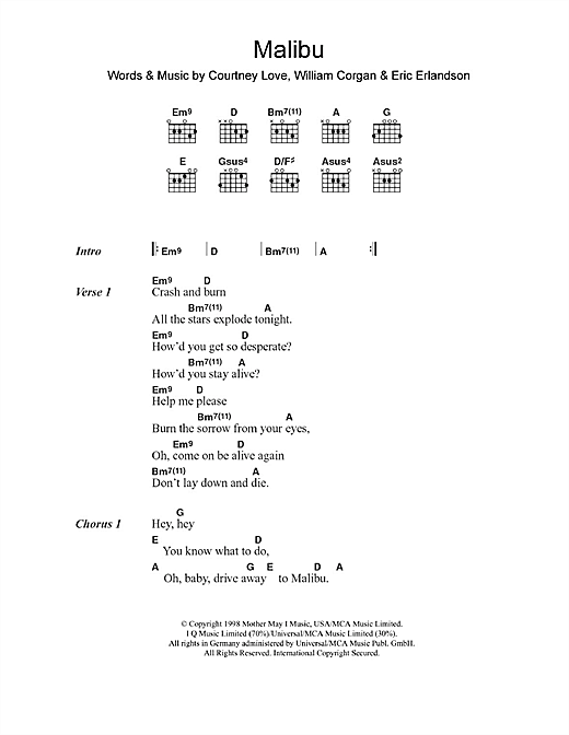 Hole Malibu sheet music notes and chords arranged for Guitar Chords/Lyrics