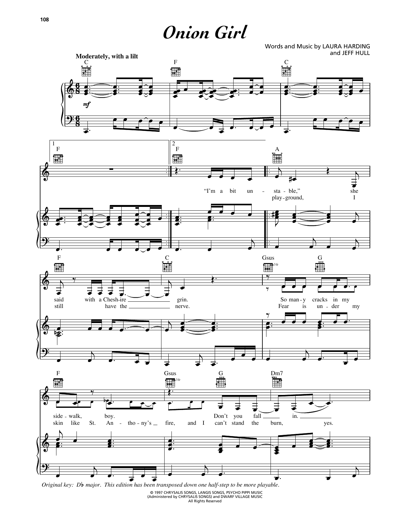 Holly Cole Onion Girl sheet music notes and chords arranged for Piano, Vocal & Guitar Chords (Right-Hand Melody)