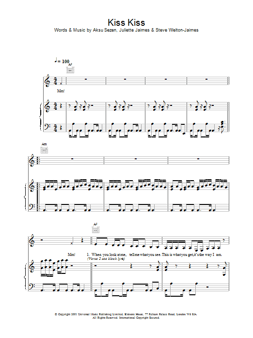 Holly Valance Kiss Kiss sheet music notes and chords arranged for Piano, Vocal & Guitar Chords