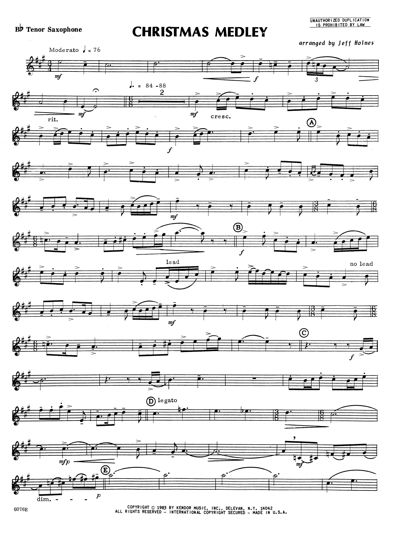 Holmes Christmas Medley - Bb Tenor Saxophone sheet music notes and chords. Download Printable PDF.