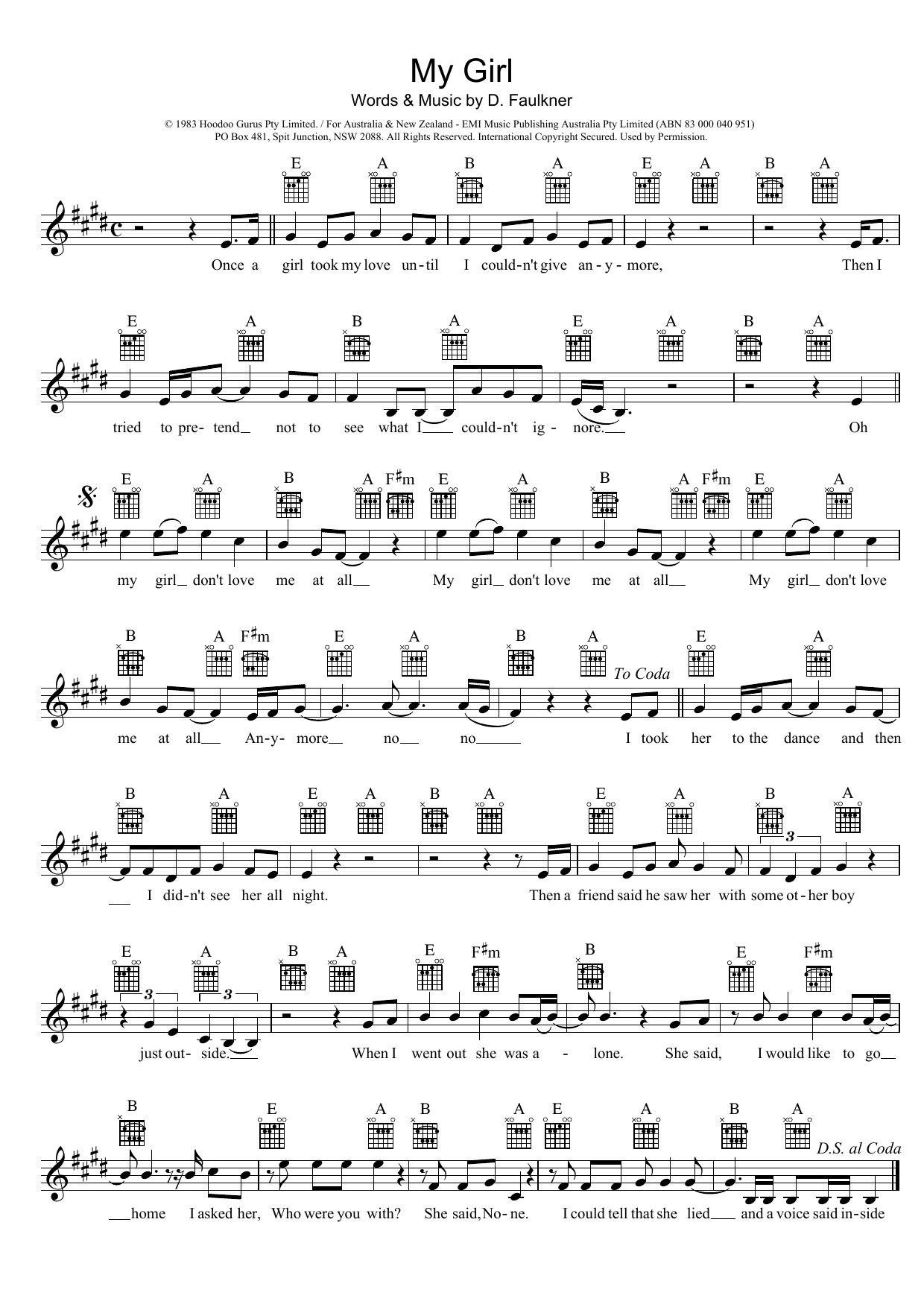 Hoodoo Gurus My Girl sheet music notes and chords arranged for Beginner Piano