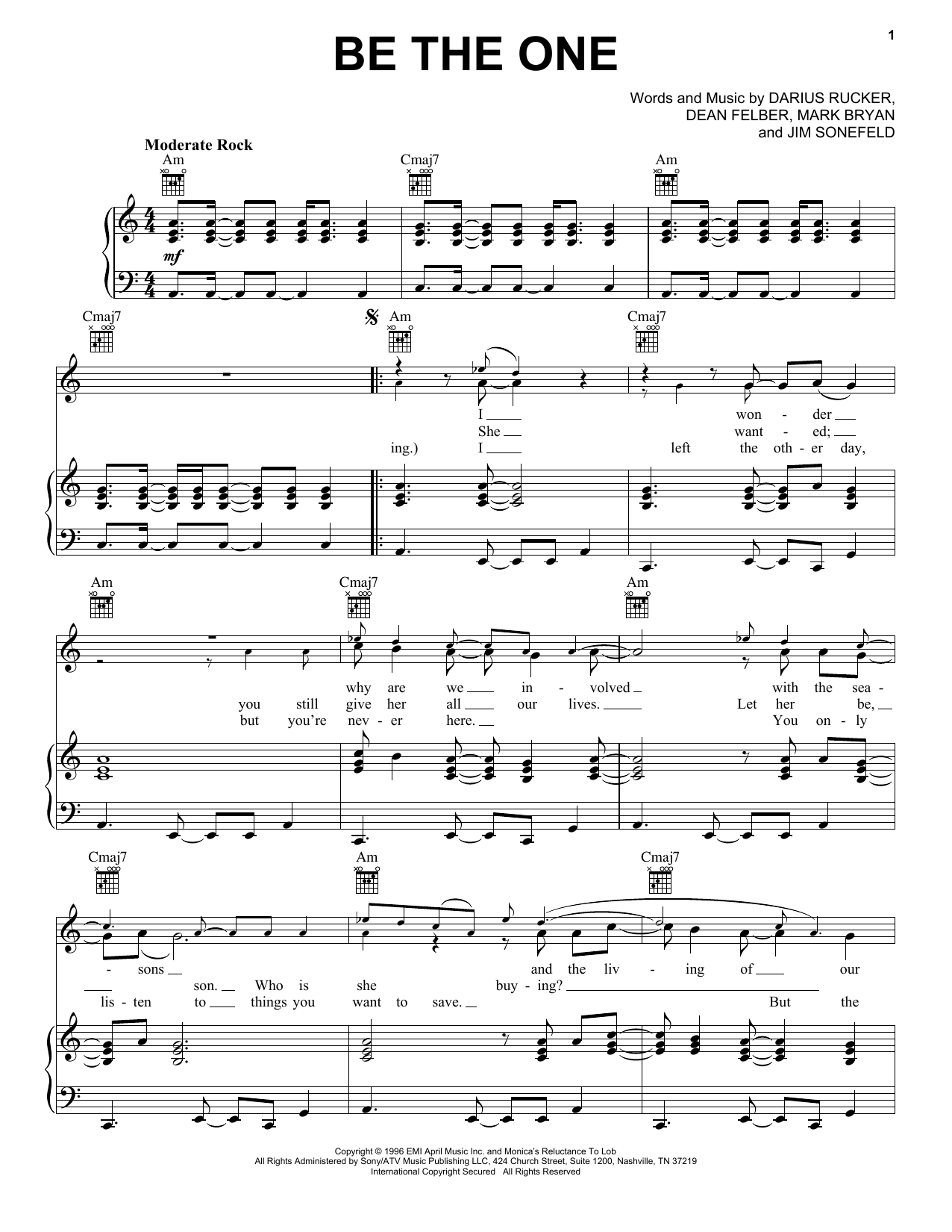 Hootie & The Blowfish Be The One sheet music notes and chords arranged for Piano, Vocal & Guitar Chords (Right-Hand Melody)