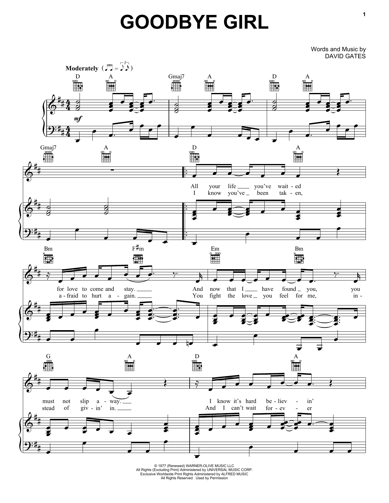 Hootie & The Blowfish Goodbye Girl sheet music notes and chords arranged for Piano, Vocal & Guitar Chords (Right-Hand Melody)