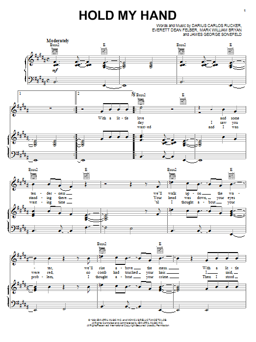 Hootie & The Blowfish Hold My Hand sheet music notes and chords arranged for Super Easy Piano