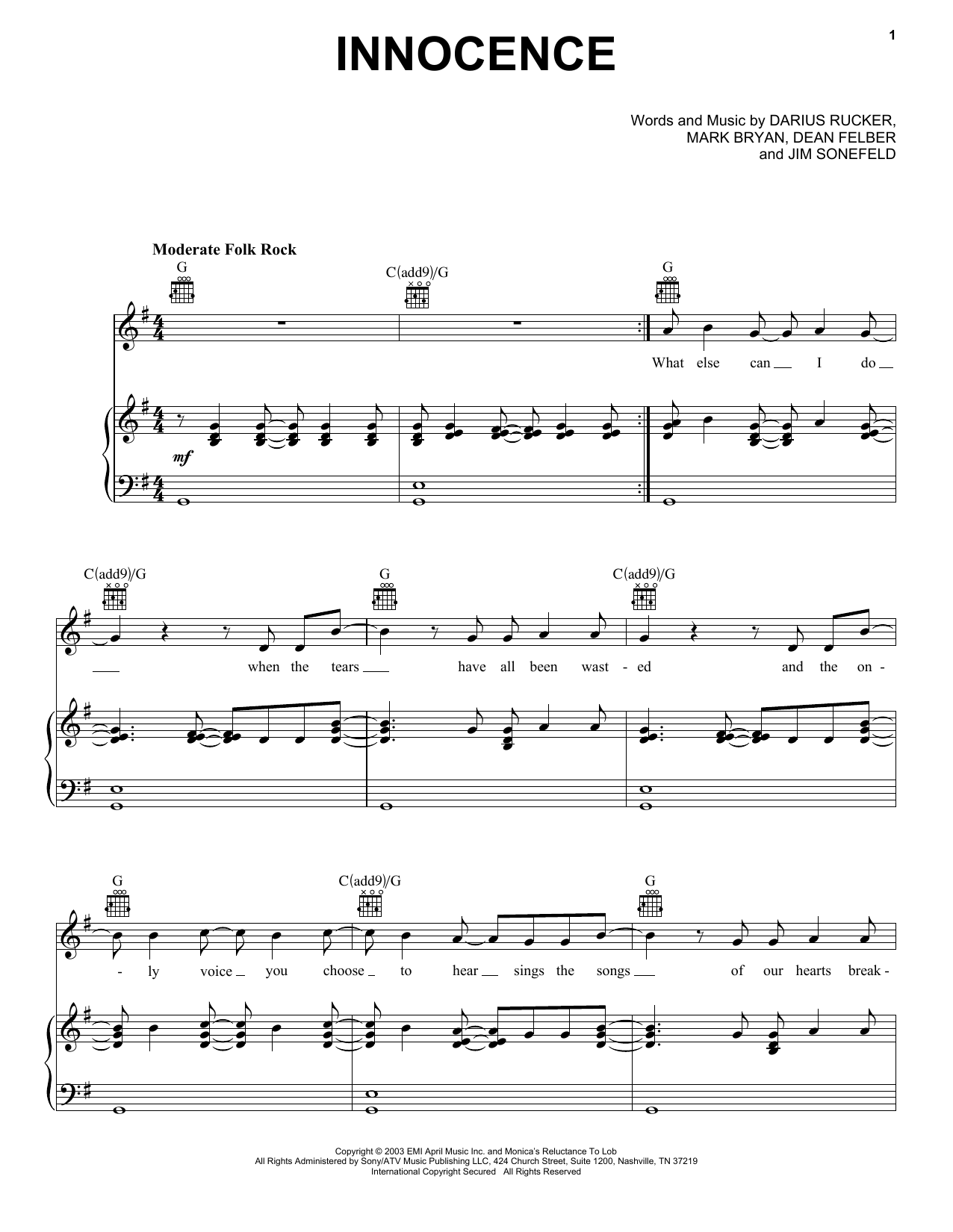 Hootie & The Blowfish Innocence sheet music notes and chords arranged for Piano, Vocal & Guitar Chords (Right-Hand Melody)
