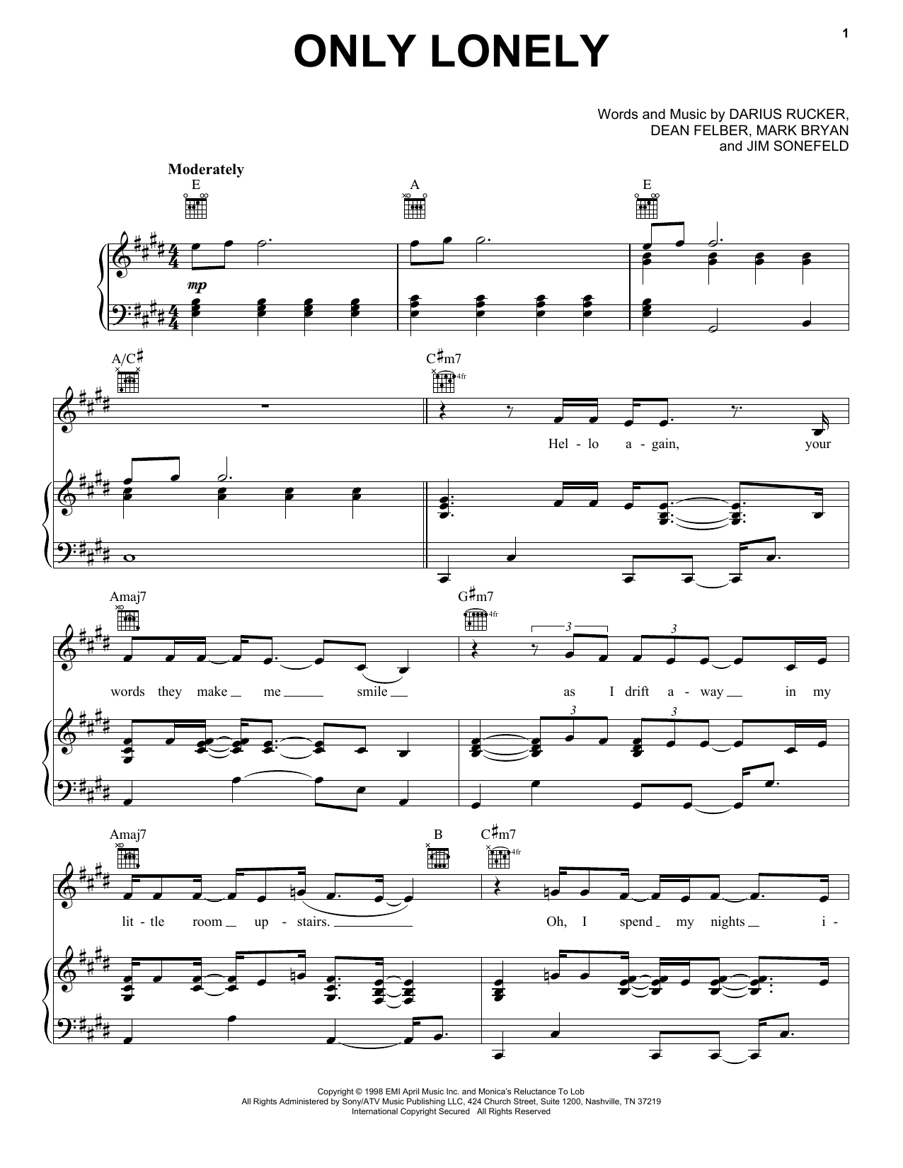 Hootie & The Blowfish Only Lonely sheet music notes and chords arranged for Piano, Vocal & Guitar Chords (Right-Hand Melody)