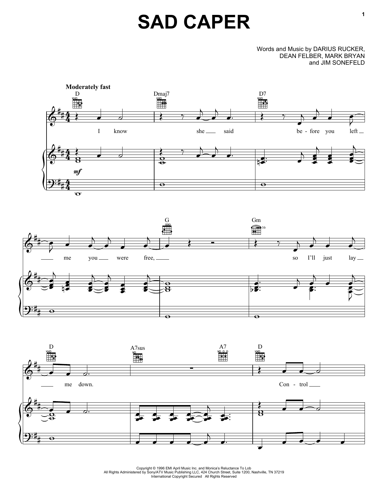Hootie & The Blowfish Sad Caper sheet music notes and chords arranged for Piano, Vocal & Guitar Chords (Right-Hand Melody)