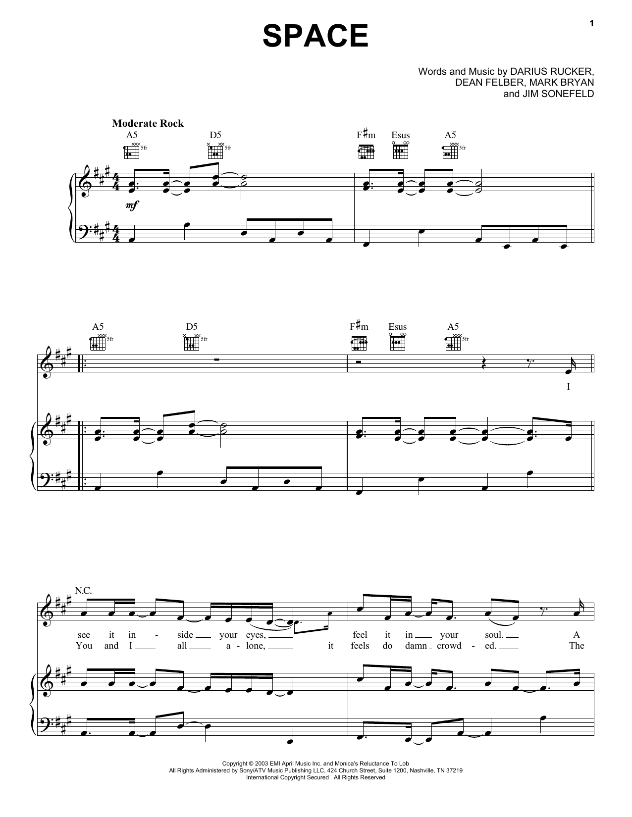 Hootie & The Blowfish Space sheet music notes and chords arranged for Piano, Vocal & Guitar Chords (Right-Hand Melody)