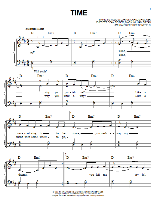 Hootie & The Blowfish Time sheet music notes and chords arranged for Easy Piano