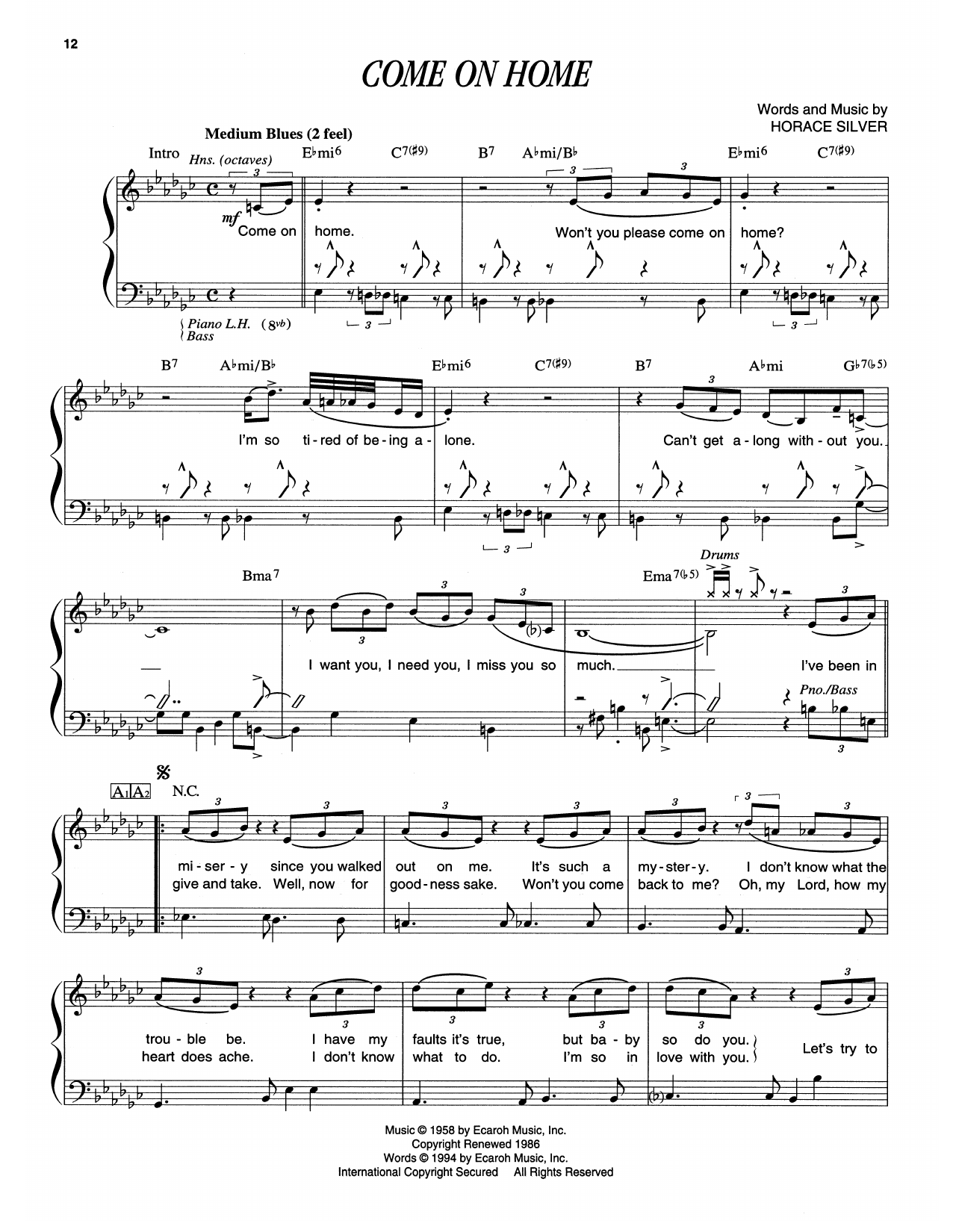 Horace Silver Come On Home sheet music notes and chords arranged for Piano Transcription