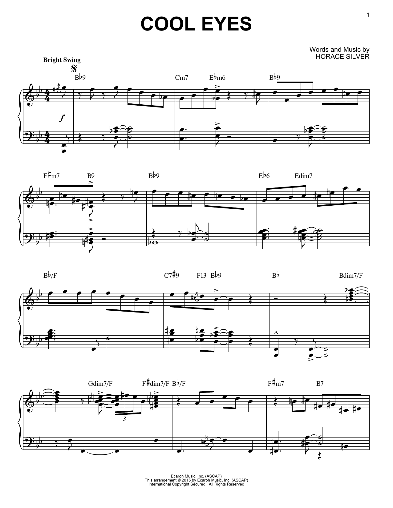 Horace Silver Cool Eyes (arr. Brent Edstrom) sheet music notes and chords arranged for Piano Solo