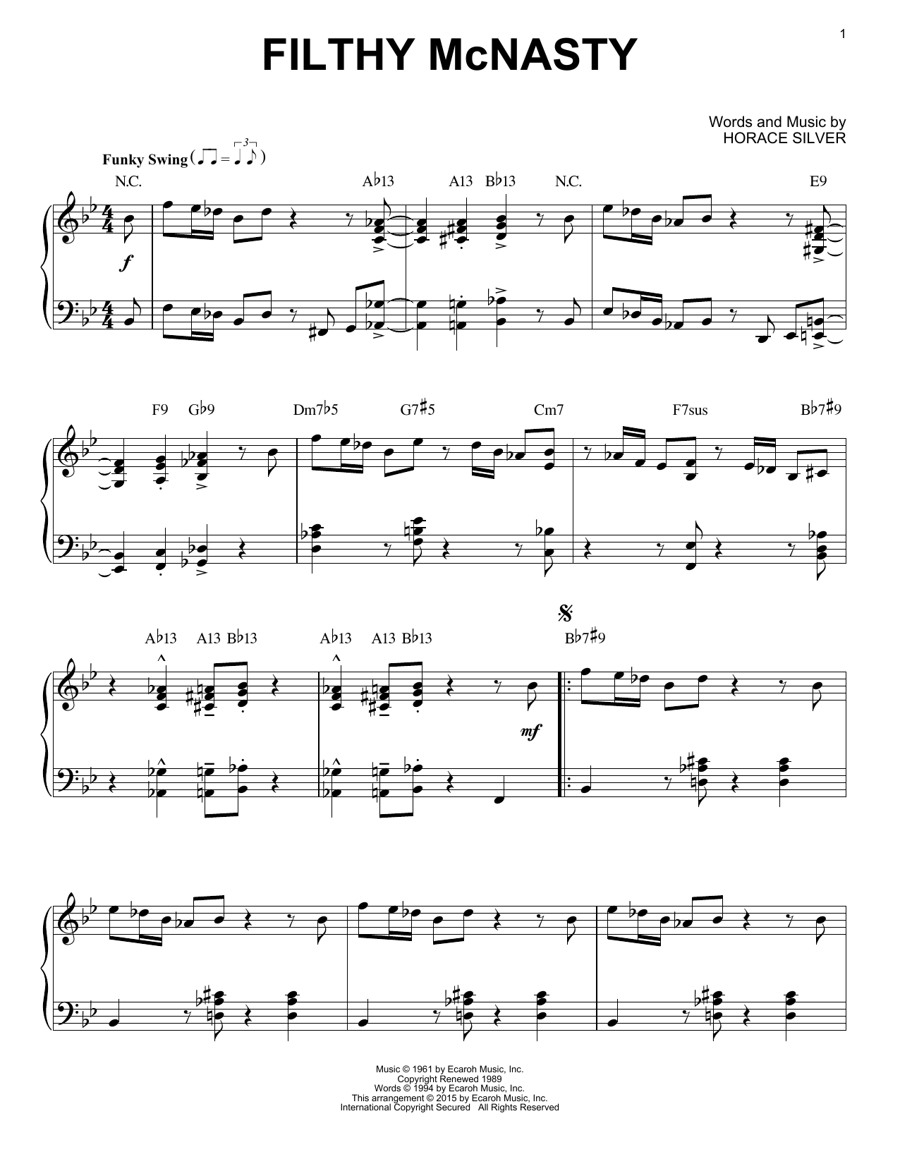 Horace Silver Filthy McNasty (arr. Brent Edstrom) sheet music notes and chords arranged for Piano Solo