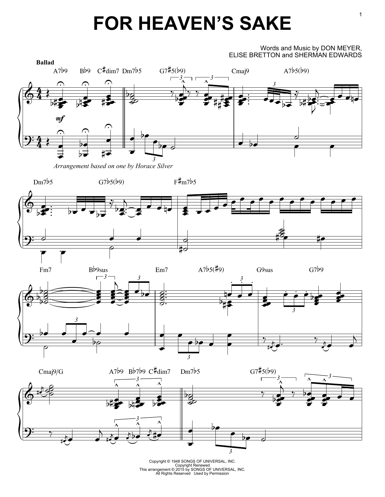 Horace Silver For Heaven's Sake (arr. Brent Edstrom) sheet music notes and chords arranged for Piano Solo