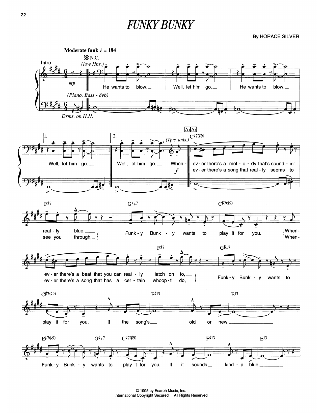 Horace Silver Funky Bunky sheet music notes and chords arranged for Piano Transcription