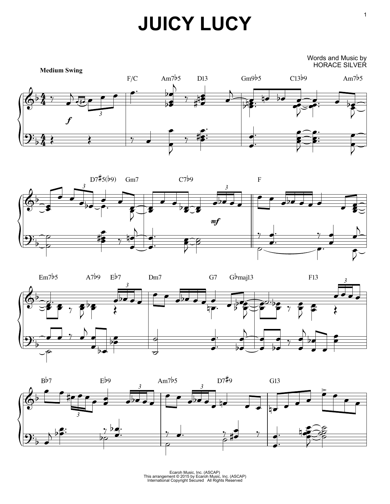 Horace Silver Juicy Lucy (arr. Brent Edstrom) sheet music notes and chords arranged for Piano Solo