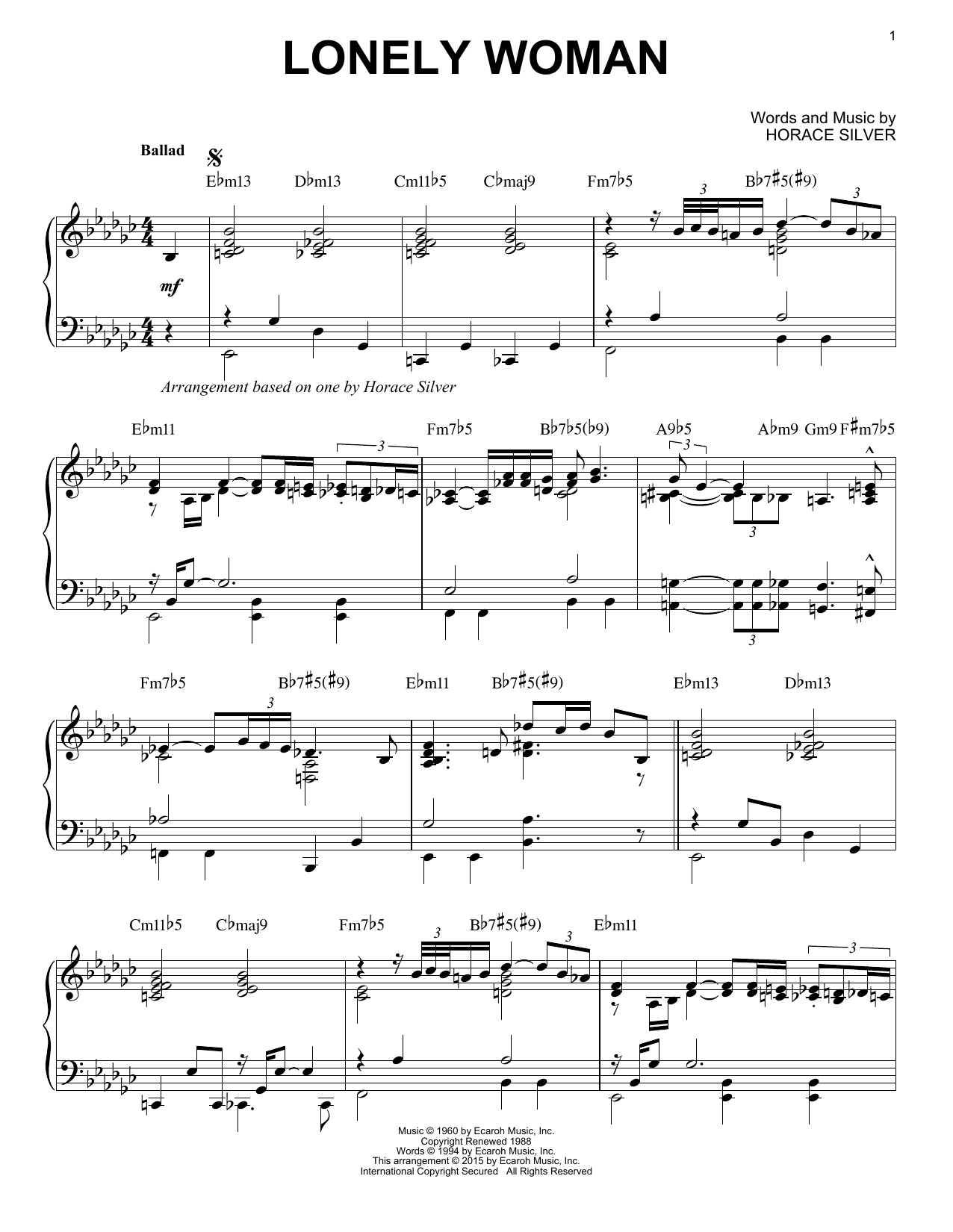 Horace Silver Lonely Woman (arr. Brent Edstrom) sheet music notes and chords arranged for Piano Solo