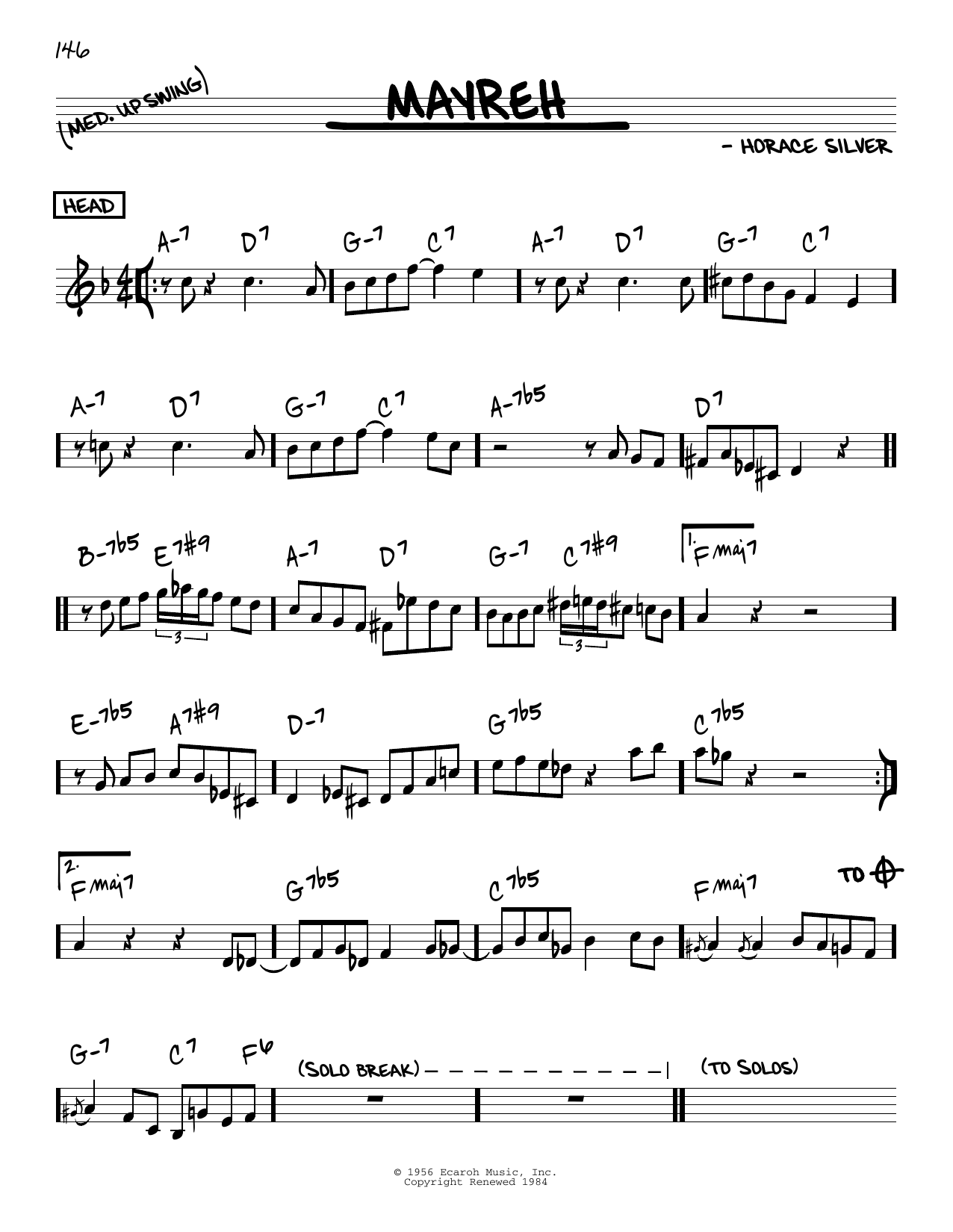 Horace Silver Mayreh sheet music notes and chords arranged for Real Book – Melody & Chords – C Instruments