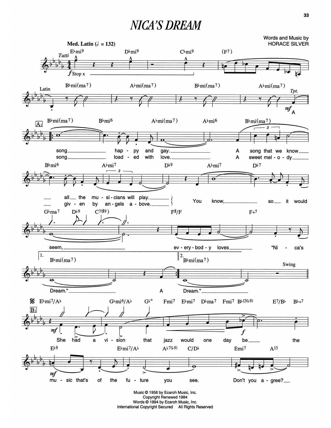 Horace Silver Nica's Dream sheet music notes and chords arranged for Piano Transcription