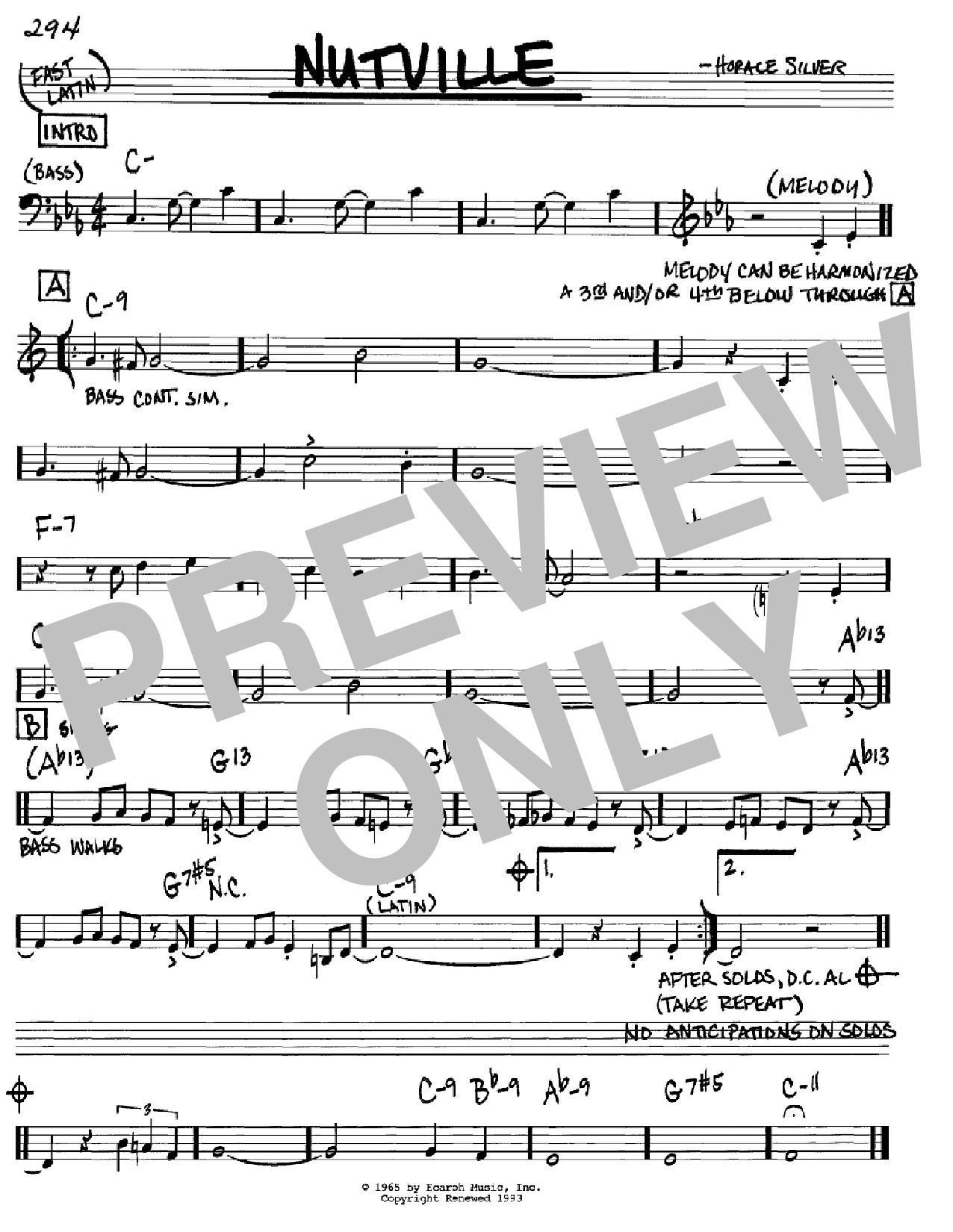 Horace Silver Nutville sheet music notes and chords arranged for Piano Transcription