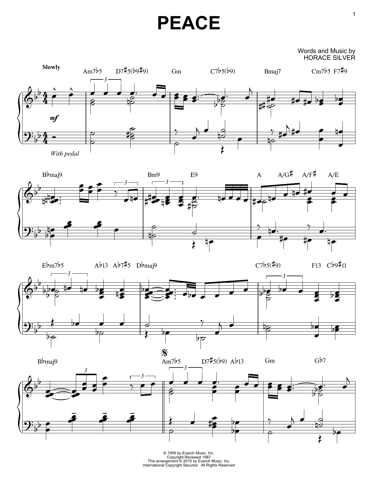 Horace Silver Peace (arr. Brent Edstrom) sheet music notes and chords arranged for Piano Solo