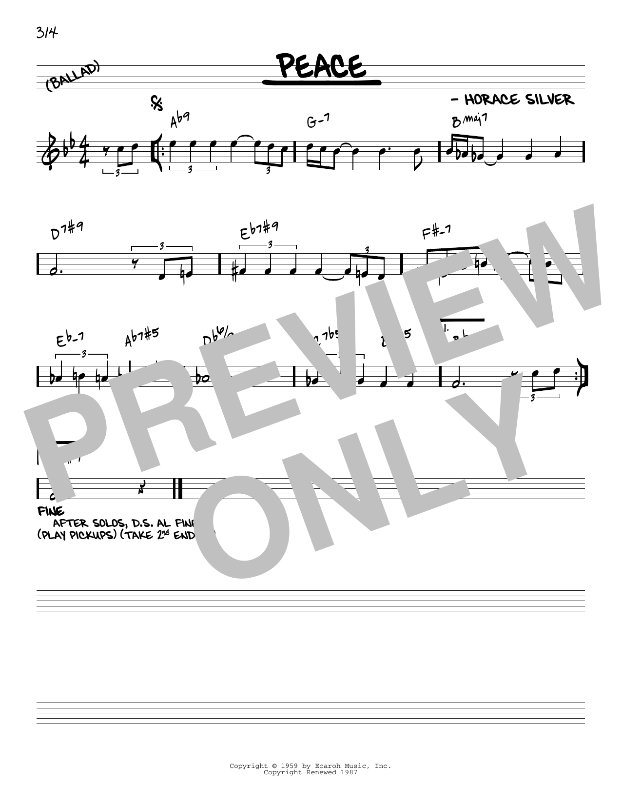 Horace Silver Peace (arr. Jack Grassel) sheet music notes and chords arranged for Real Book – Melody & Chords