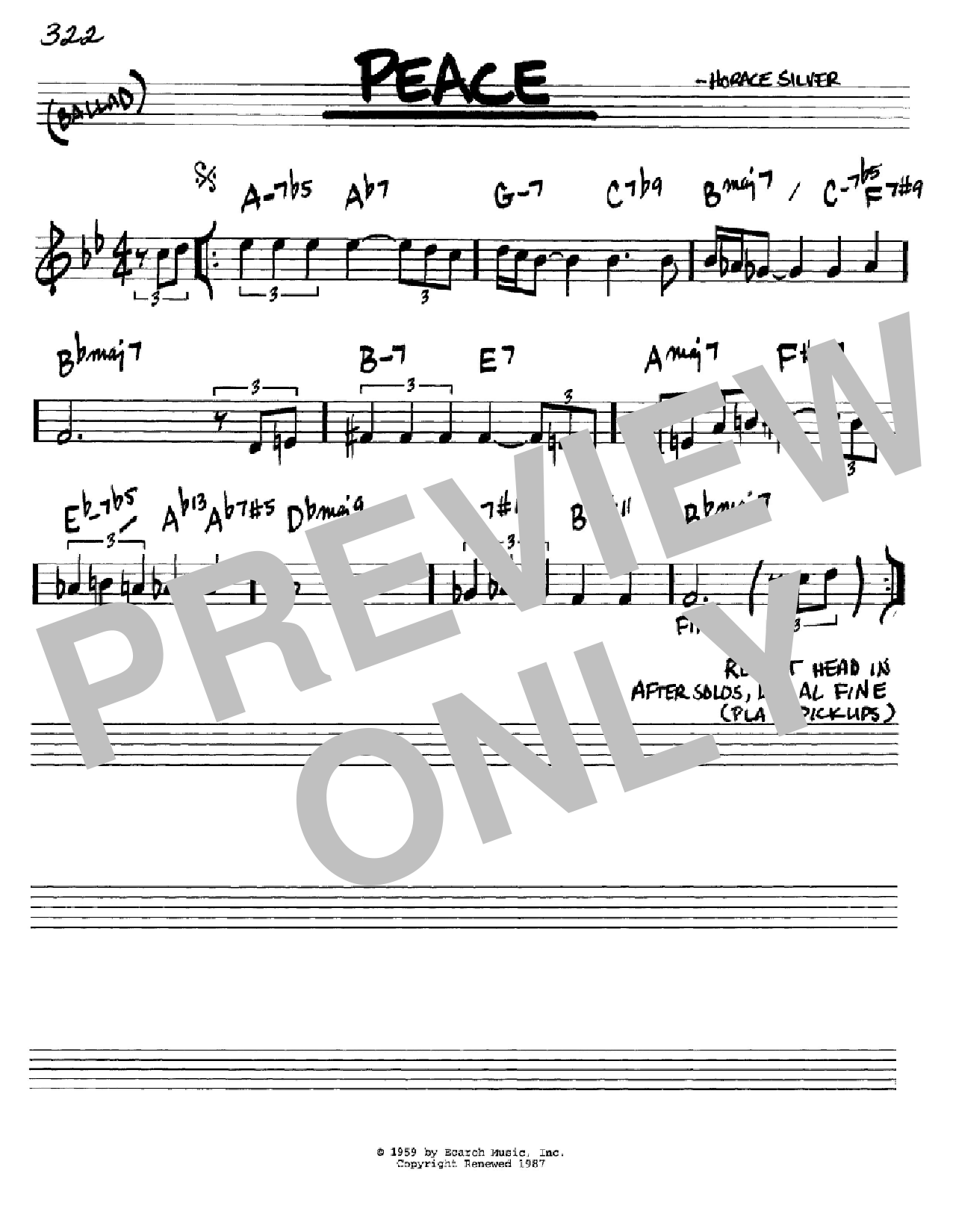 Horace Silver Peace sheet music notes and chords arranged for Piano Transcription