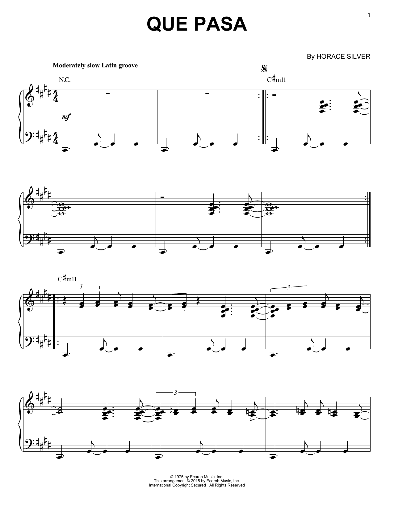 Horace Silver Que Pasa (arr. Brent Edstrom) sheet music notes and chords arranged for Piano Solo