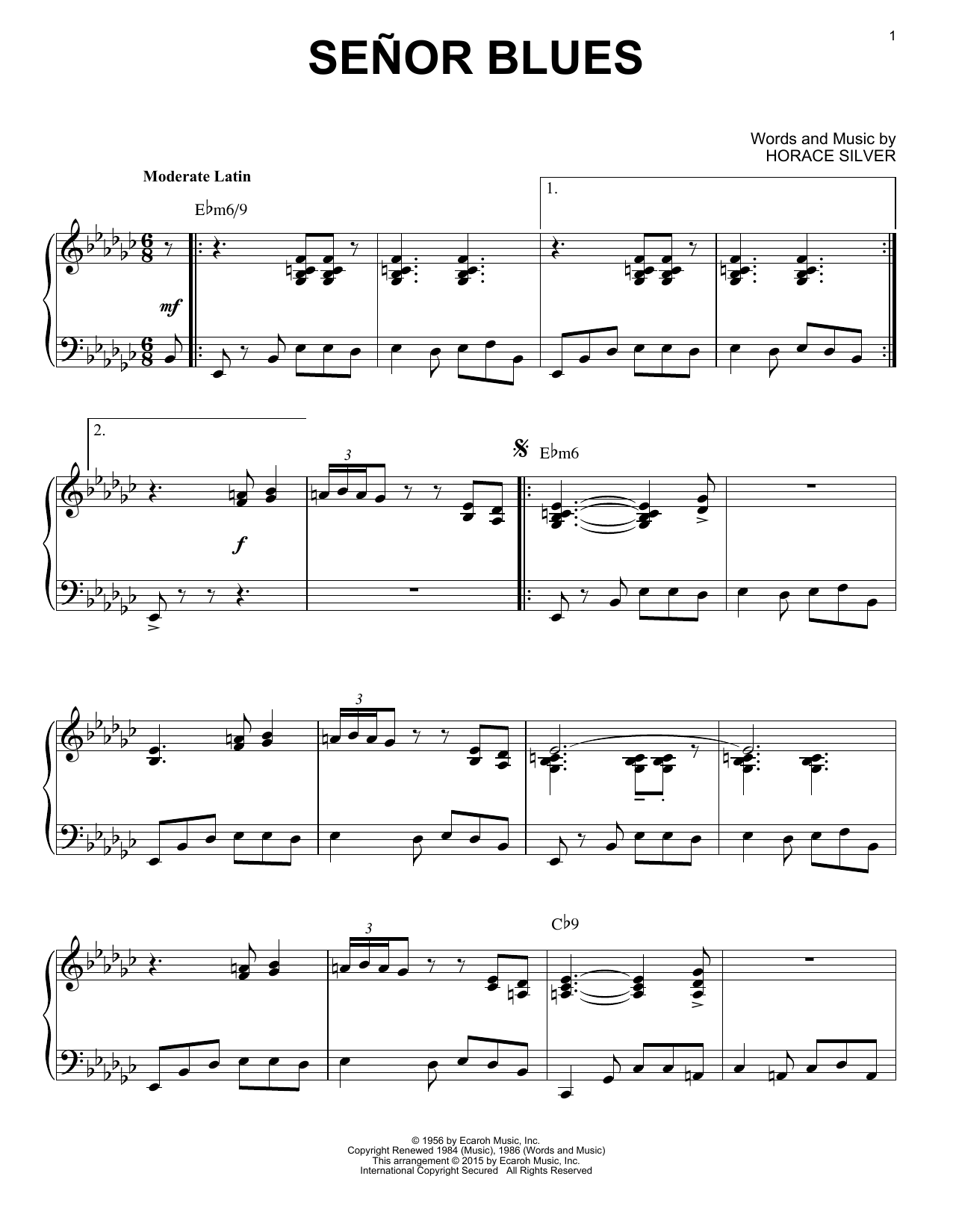 Horace Silver Señor Blues (arr. Brent Edstrom) sheet music notes and chords arranged for Piano Solo