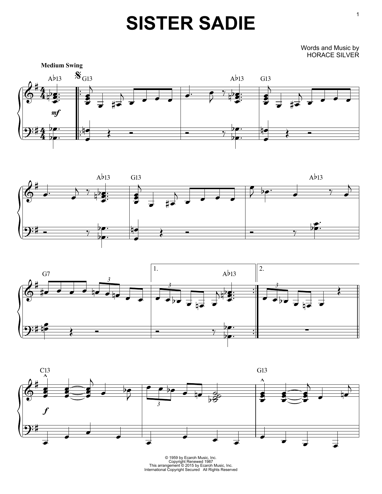 Horace Silver Sister Sadie (arr. Brent Edstrom) sheet music notes and chords arranged for Piano Solo