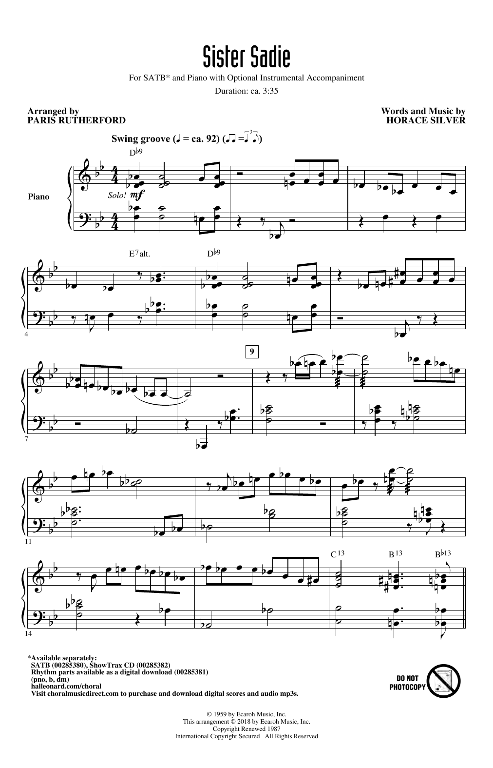 Horace Silver Sister Sadie (arr. Paris Rutherford) sheet music notes and chords arranged for SATB Choir