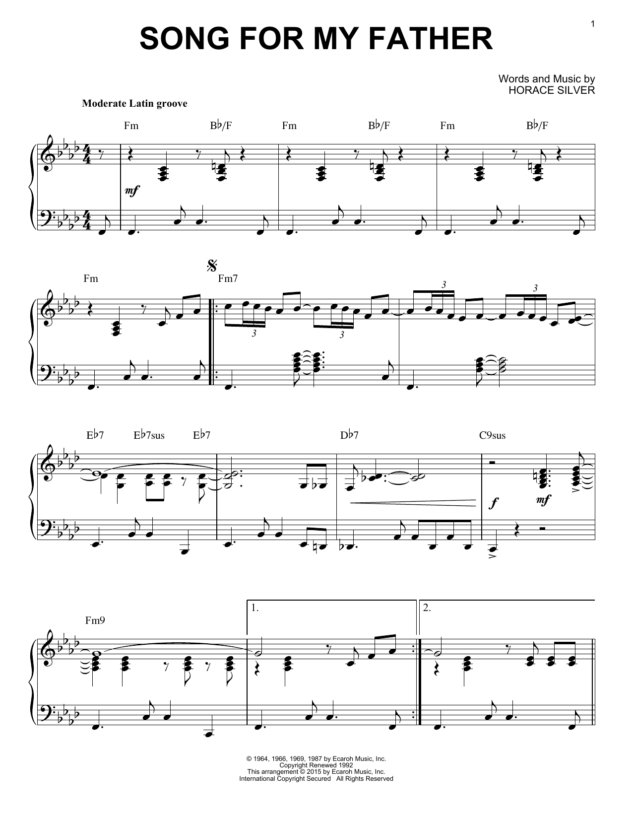 Horace Silver Song For My Father (arr. Brent Edstrom) sheet music notes and chords arranged for Piano Solo