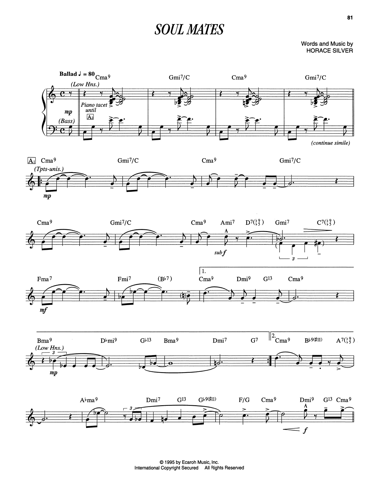 Horace Silver Soul Mates sheet music notes and chords arranged for Piano Transcription