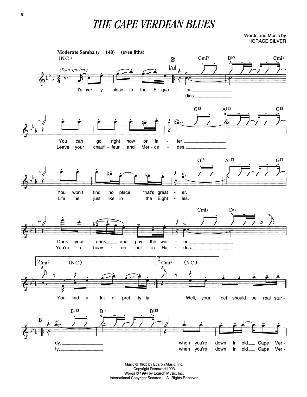 Horace Silver The Cape Verdean Blues sheet music notes and chords arranged for Piano Transcription
