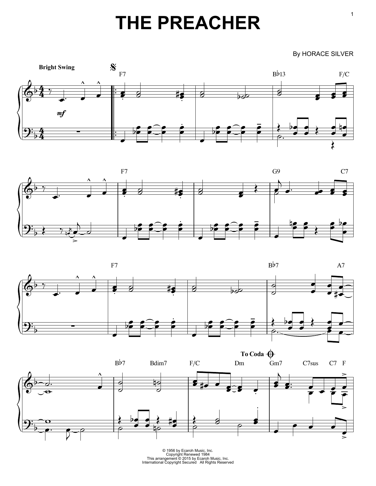 Horace Silver The Preacher (arr. Brent Edstrom) sheet music notes and chords arranged for Piano Solo
