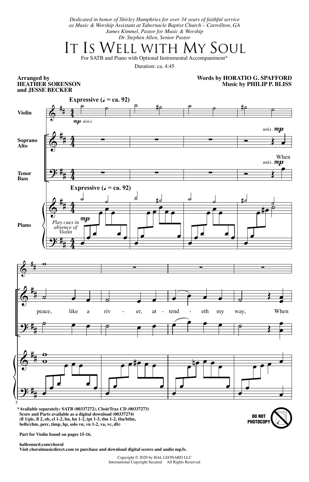 Horatio G. Spafford and Philip P. Bliss It Is Well With My Soul (arr. Heather Sorenson and Jesse Becker) sheet music notes and chords arranged for SATB Choir