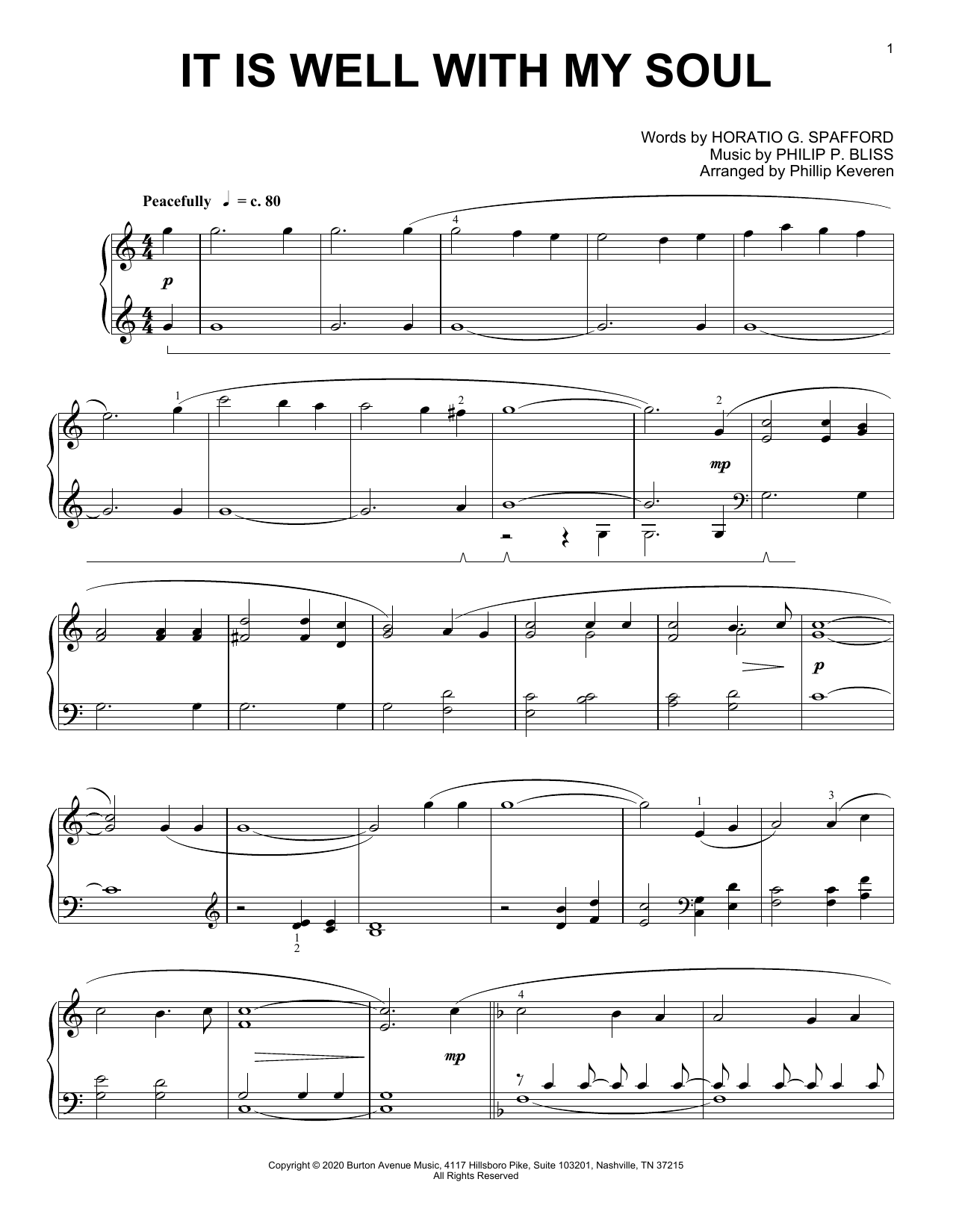 Horatio G. Spafford and Philip P. Bliss It Is Well With My Soul (arr. Phillip Keveren) sheet music notes and chords arranged for Piano Solo