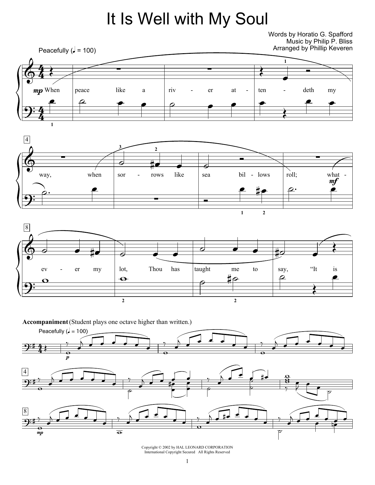 Horatio G. Spafford It Is Well With My Soul sheet music notes and chords arranged for Educational Piano