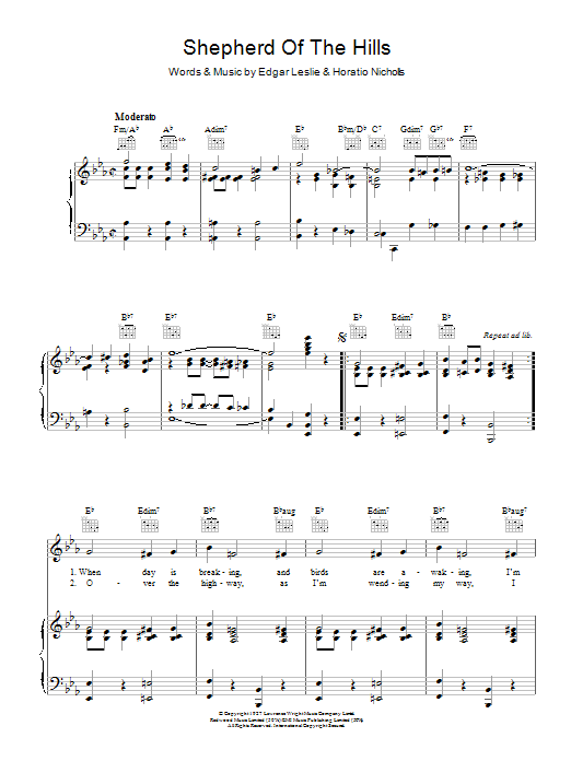 Horatio Nicholls Shepherd Of The Hills sheet music notes and chords arranged for Piano, Vocal & Guitar Chords