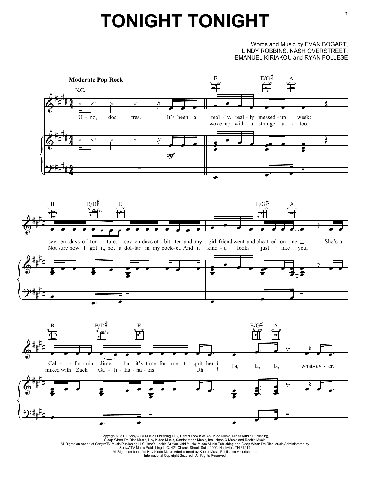 Hot Chelle Rae Tonight Tonight sheet music notes and chords arranged for Piano, Vocal & Guitar Chords (Right-Hand Melody)