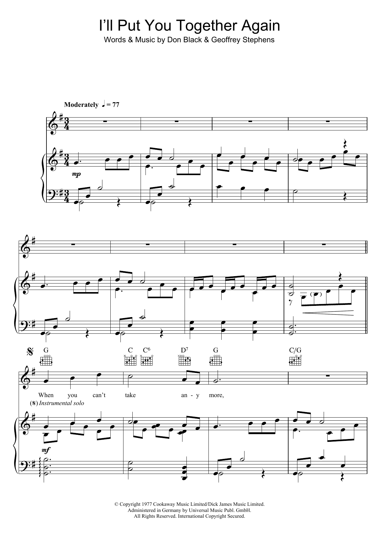 Hot Chocolate I'll Put You Together Again sheet music notes and chords arranged for Piano, Vocal & Guitar Chords