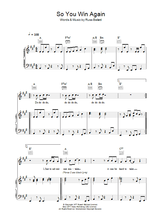 Hot Chocolate So You Win Again sheet music notes and chords arranged for Piano, Vocal & Guitar Chords