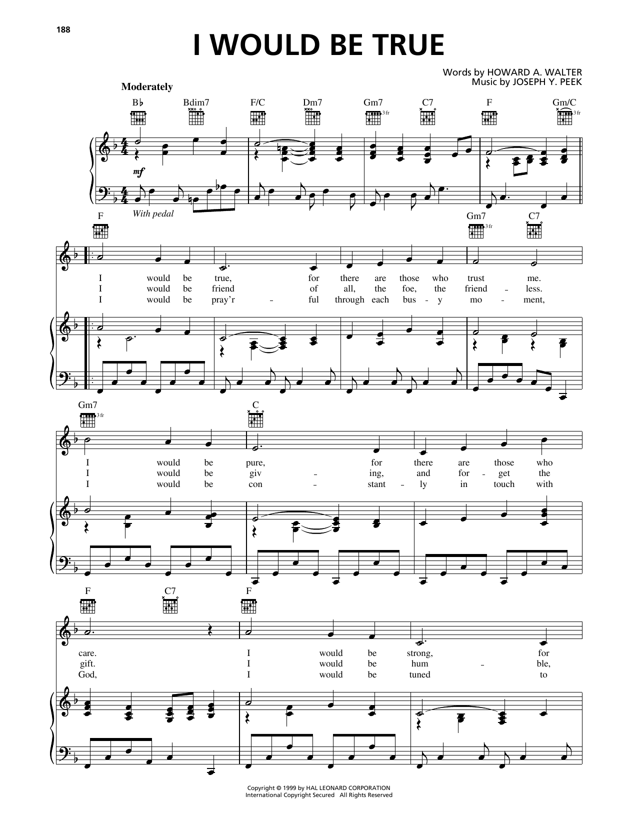 Howard A. Walter I Would Be True sheet music notes and chords arranged for Piano, Vocal & Guitar Chords (Right-Hand Melody)