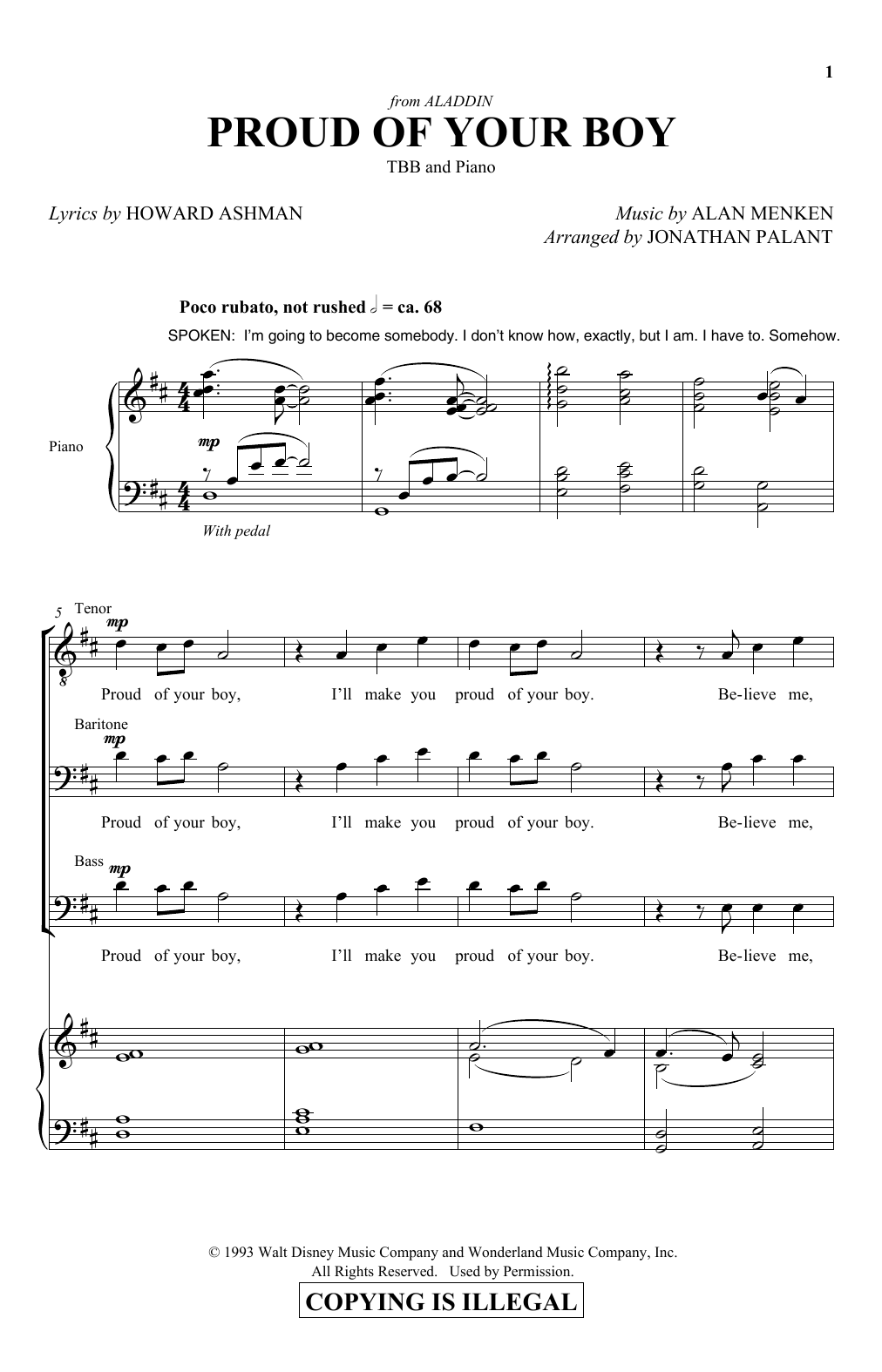 Howard Ashman and Alan Menken Proud Of Your Boy (from Aladdin: The Broadway Musical) (arr. Jonathan Palant) sheet music notes and chords arranged for TBB Choir