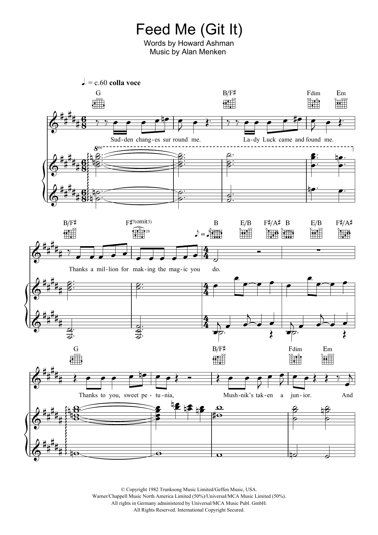 Howard Ashman Feed Me (from Little Shop of Horrors) sheet music notes and chords arranged for Piano, Vocal & Guitar Chords