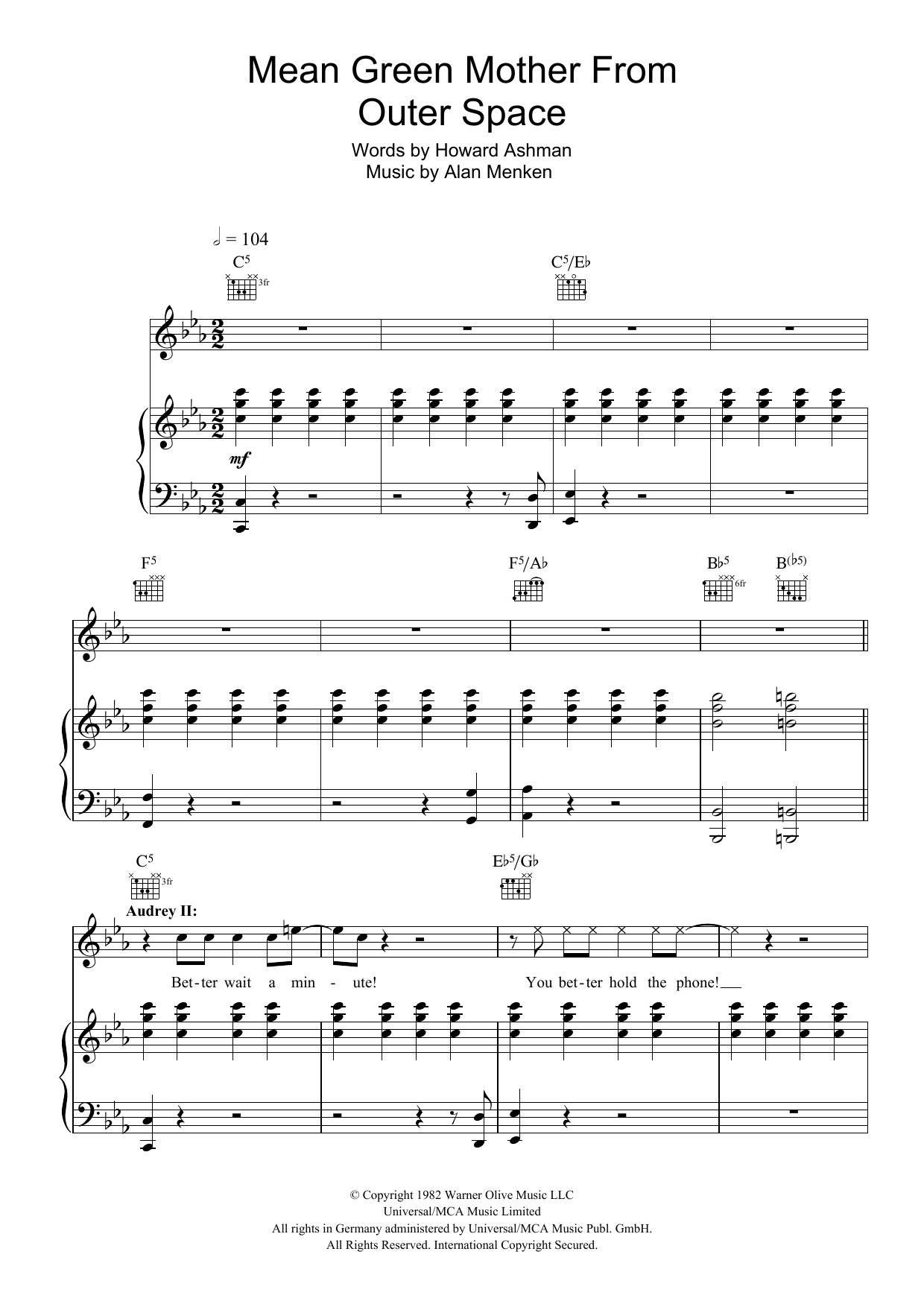 Howard Ashman Mean Green Mother From Outer Space (from Little Shop of Horrors) sheet music notes and chords arranged for Piano, Vocal & Guitar Chords