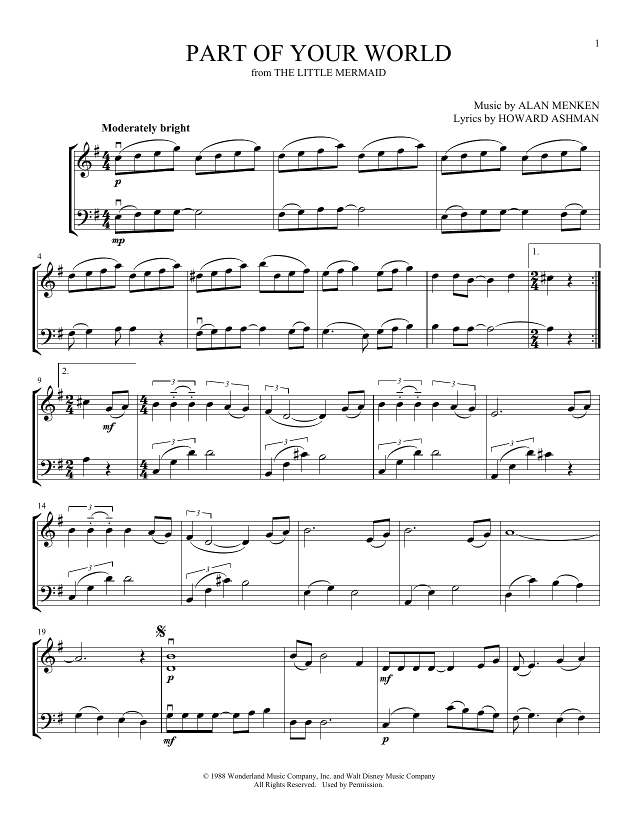 Howard Ashman Part Of Your World (from The Little Mermaid) (arr. Michelle Hynson) sheet music notes and chords arranged for Instrumental Duet
