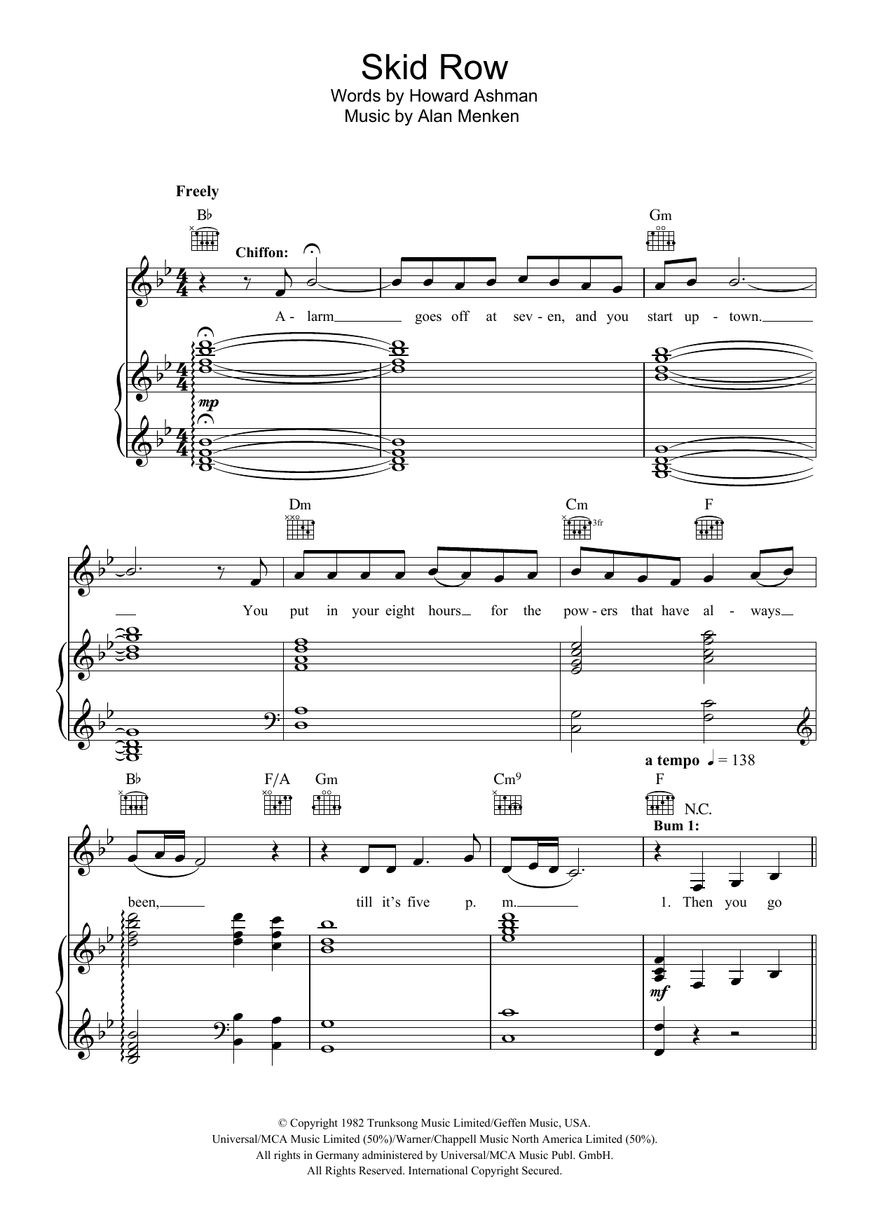 Howard Ashman Skid Row (Downtown) (from Little Shop of Horrors) sheet music notes and chords arranged for Piano, Vocal & Guitar Chords