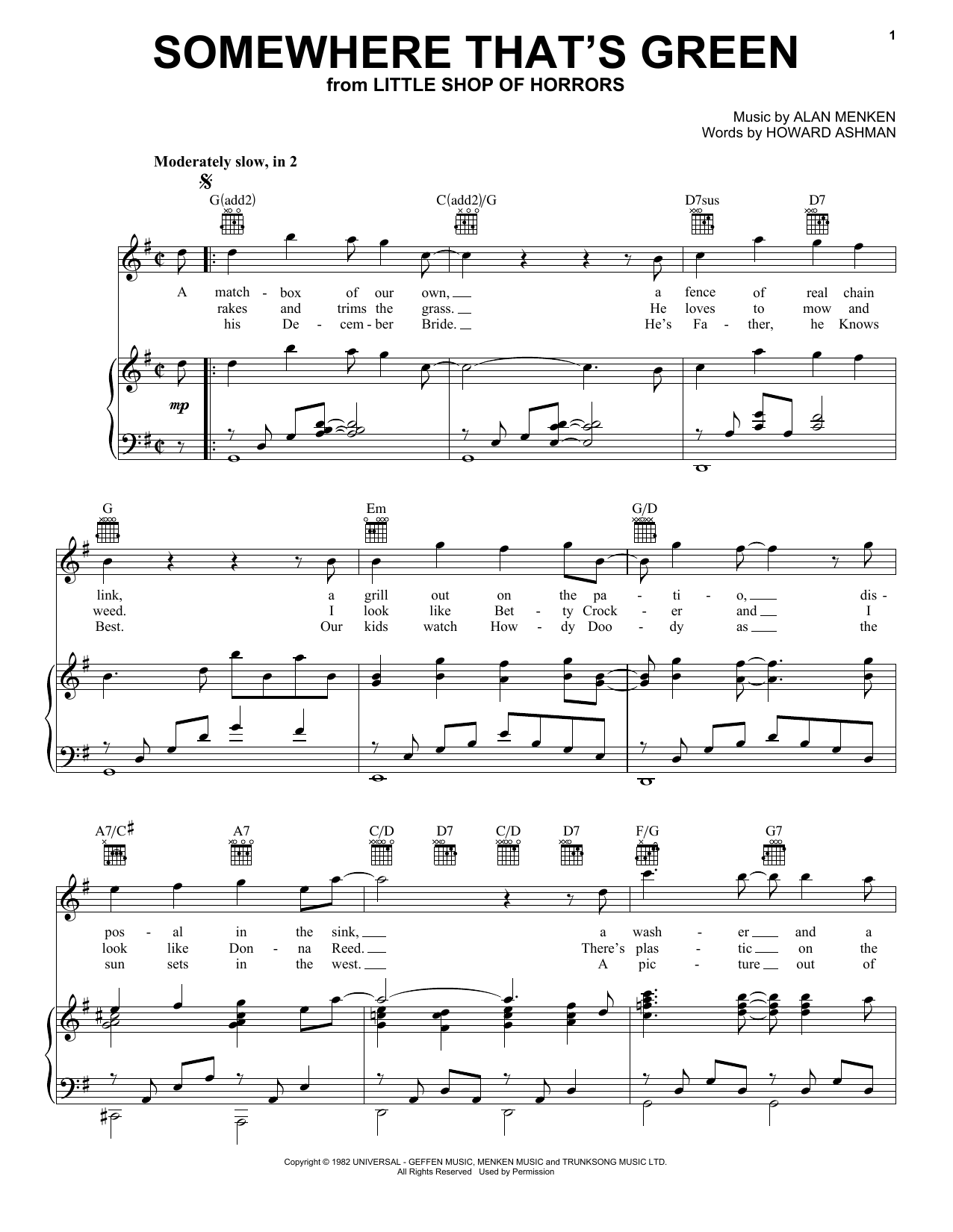 Howard Ashman Somewhere That's Green sheet music notes and chords arranged for Piano, Vocal & Guitar Chords