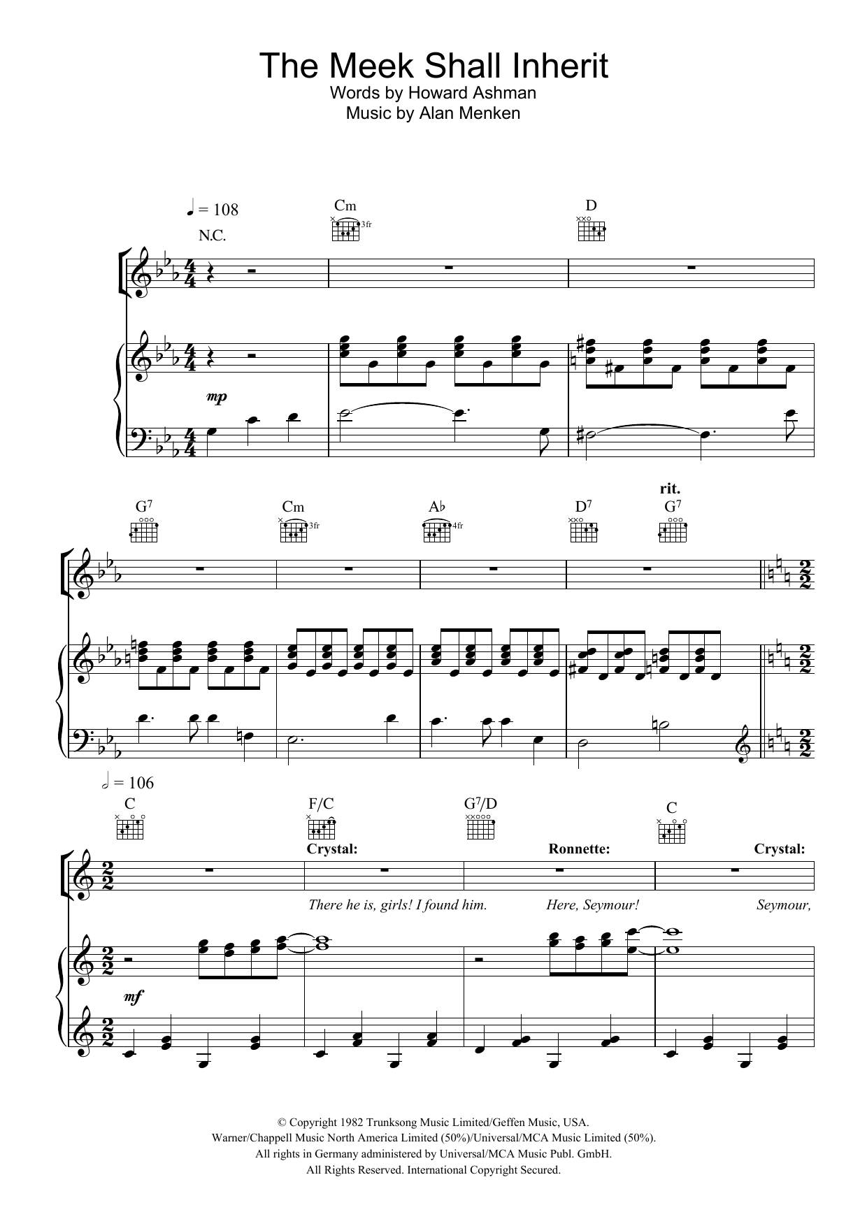Howard Ashman The Meek Shall Inherit sheet music notes and chords arranged for Piano, Vocal & Guitar Chords