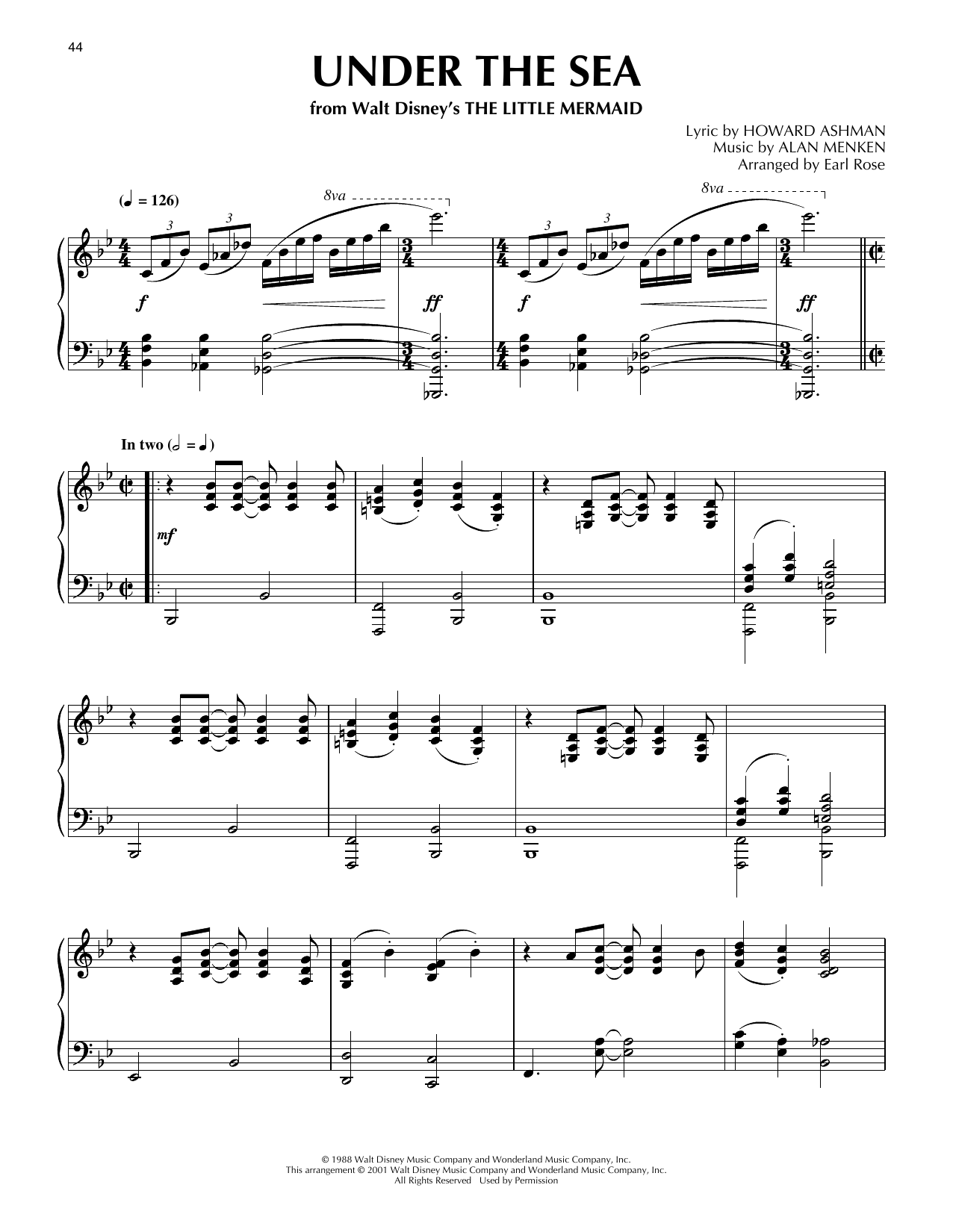 Howard Ashman Under The Sea (from The Little Mermaid) (arr. Earl Rose) sheet music notes and chords arranged for Piano Solo